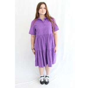 Gorman Purple Corduroy‎ Tiered Shirt Dress Midi Pockets Size 12 Organic Cotton